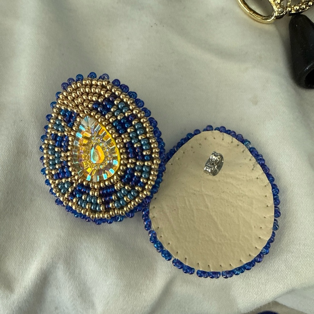 Handcrafted Beaded Earrings with Blue and Gold Accents